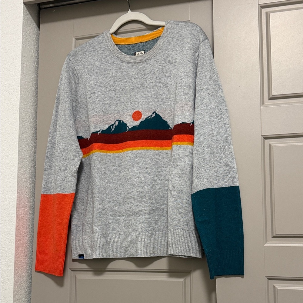 KAVU Mountain Stripe Crewneck Sweater in Heather Gray with Sunset Accents